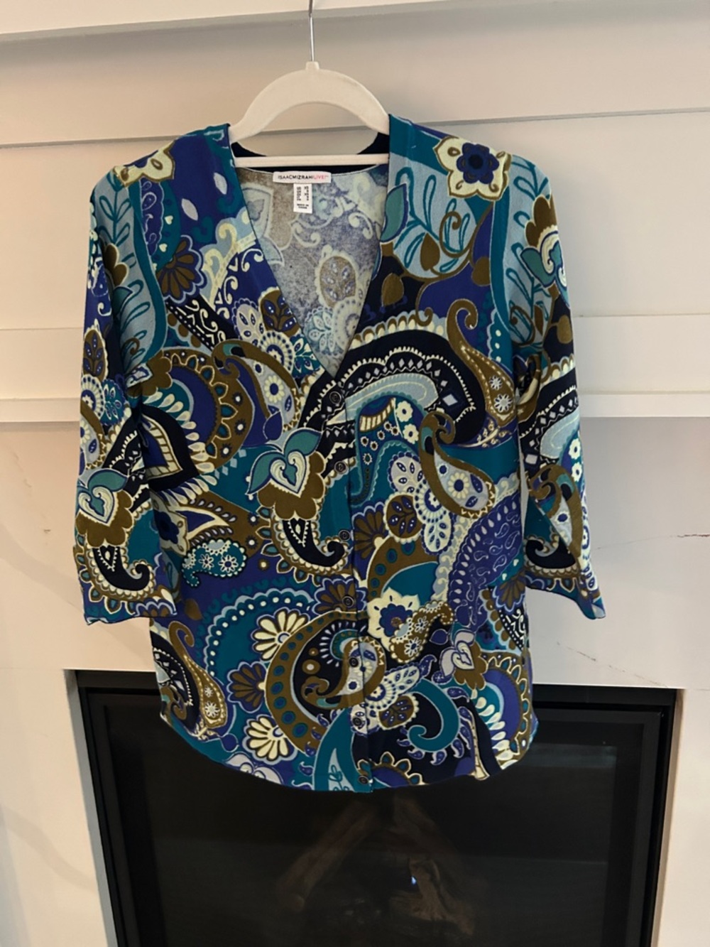 Isaac Mizrahi Blue Paisley V-Neck Tunic with Teal and Navy Accents